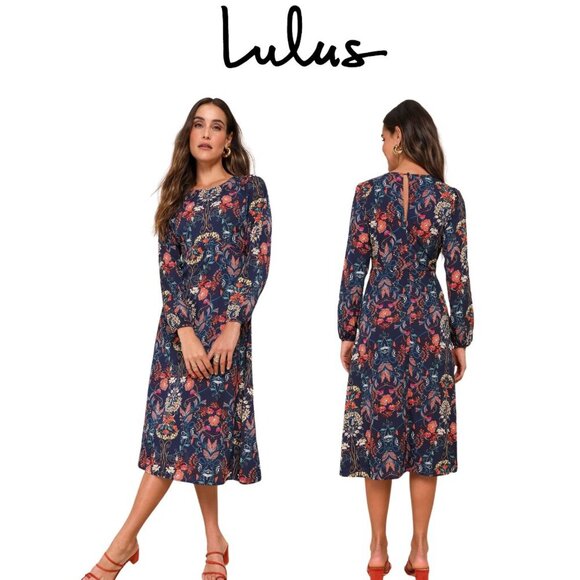 Lulus Dresses & Skirts - I.Madeline Garden Splendor Navy Blue Flora | Long Sleeve Midi Dress Sz: Small